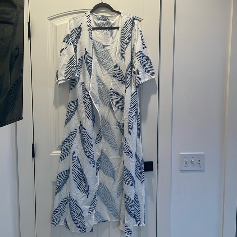 Made with love brand, blue, and white Kaftan. Missing belt, but still has tags.